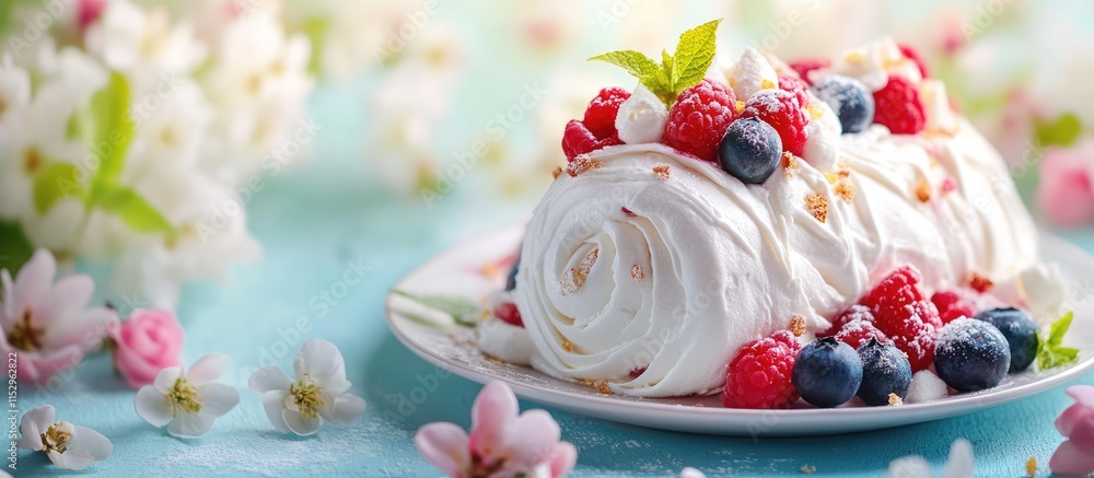 Poster pale pink meringue roll with whipped cream and berries on a spring flower adorned table with close u
