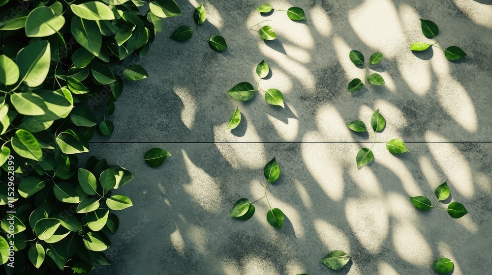Poster green leaves casting shadows on a textured cement floor creating a natural and serene pattern in a t