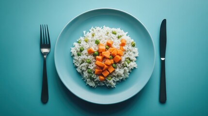 Rice and vegetable leftovers served on a blue plate with silverware on a vibrant background for food photography concepts