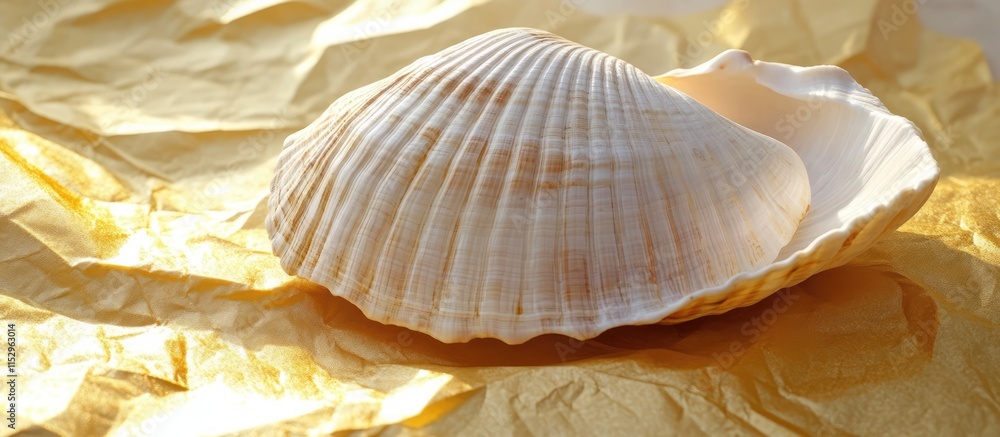 Poster large white shell on golden textured background symbolizing tranquility and meditation in an artisti