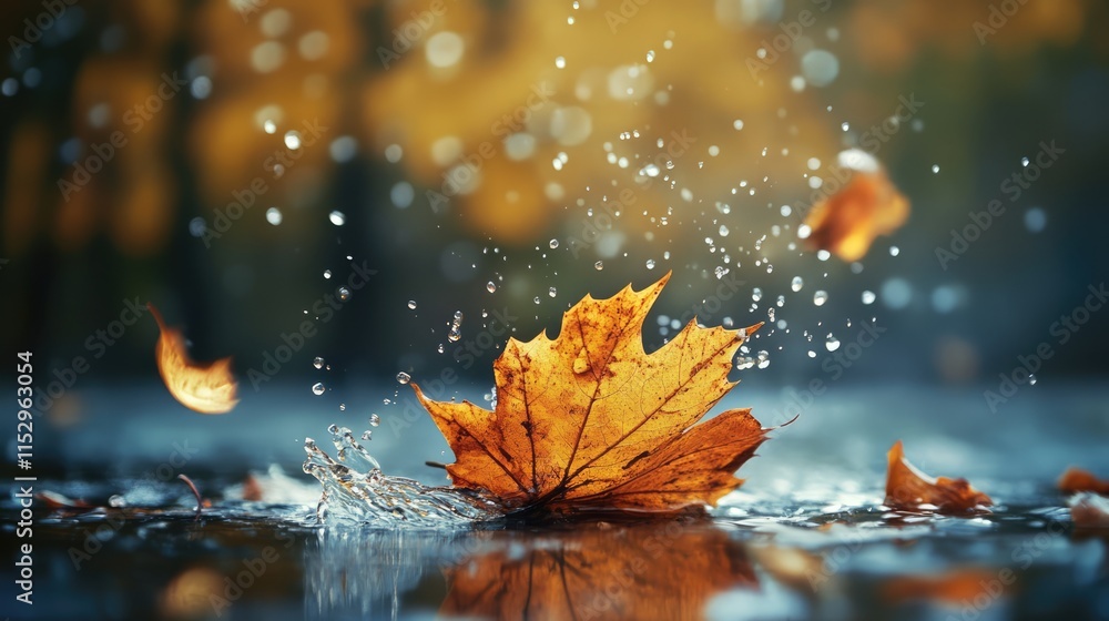 Poster autumn leaves creating ripples in water under raindrops with a soft background blurring nature's bea