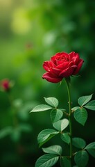 Green foliage with a prominent red rose bloom, blossom, landscape