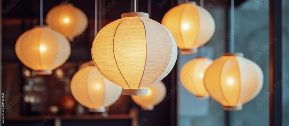 Poster elegant rice paper lanterns glowing softly in a cozy indoor setting creating a warm and inviting atm