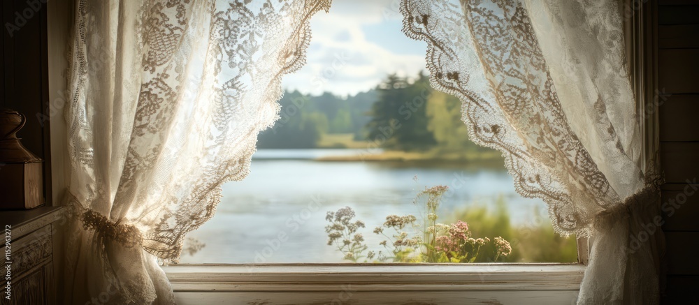 Poster lace curtains drifting in the breeze reveal a serene riverside view creating a peaceful and inviting