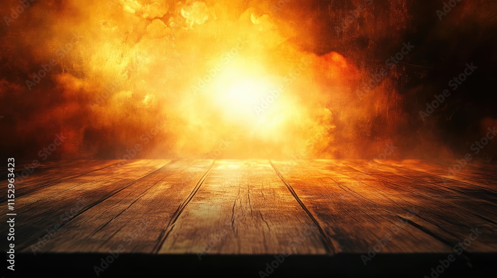 Poster wooden table with abstract illuminated background creating a dramatic and warm atmosphere for presen