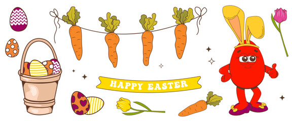 Easter set of design elements. Egg, carrot, basket, tulip, flowers, rabbit. Happy Easter