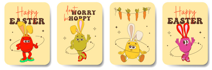 Groovy Easter poster print set. Spring bright character mascot cards in retro style. Happy Easter