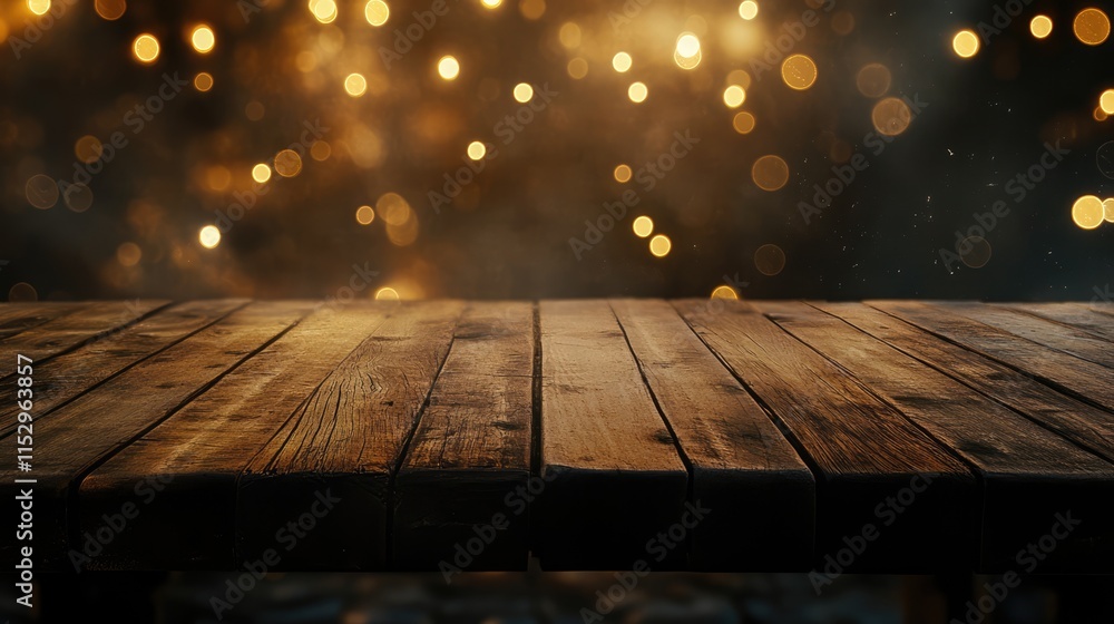 Poster wooden table with abstract blurred bokeh lights background for product display and montage mockup in