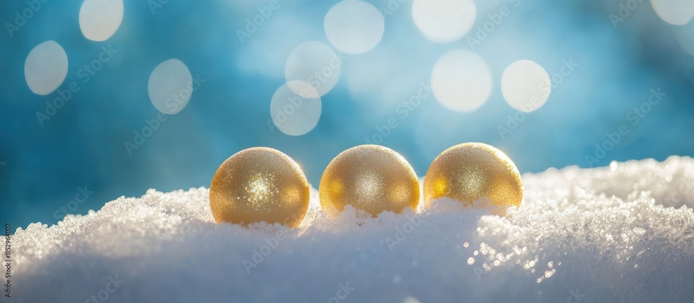 Poster golden decorative balls on snow against a serene blue background with bokeh creating a festive and t