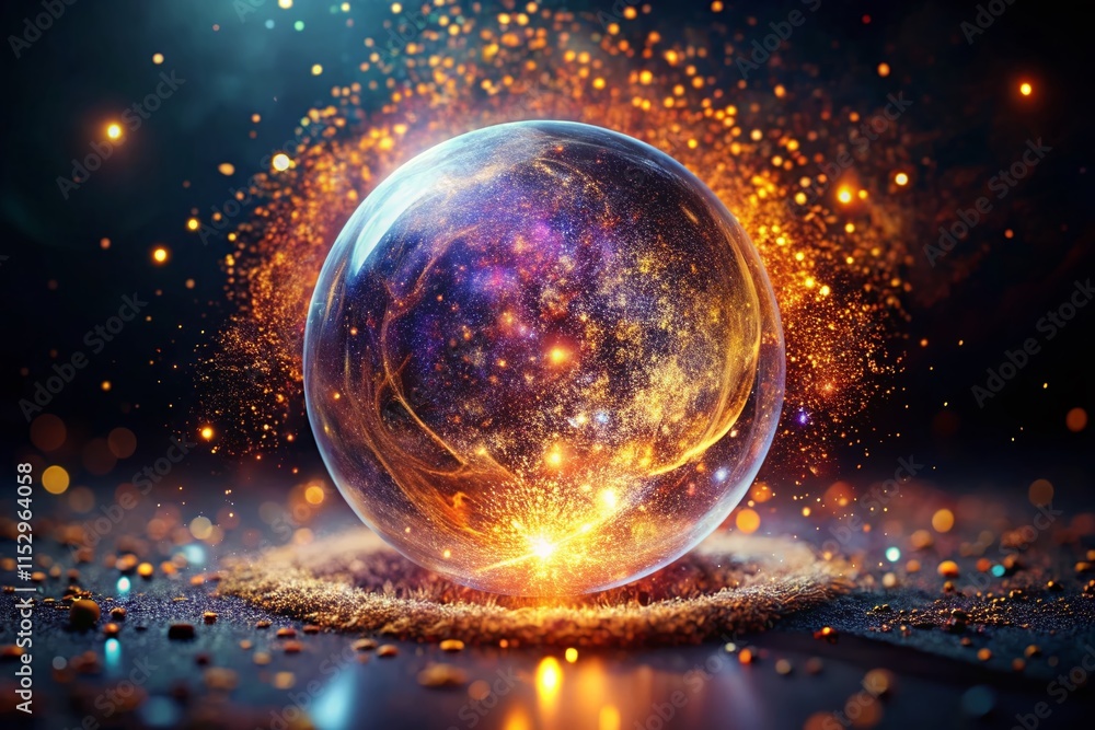 Poster abstract particle sphere: glowing energy orb in deep space
