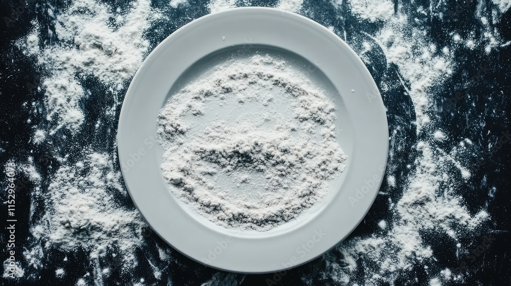 Aufkleber top view of a white plate with flour imprint on a dark table surface surrounded by scattered flour c