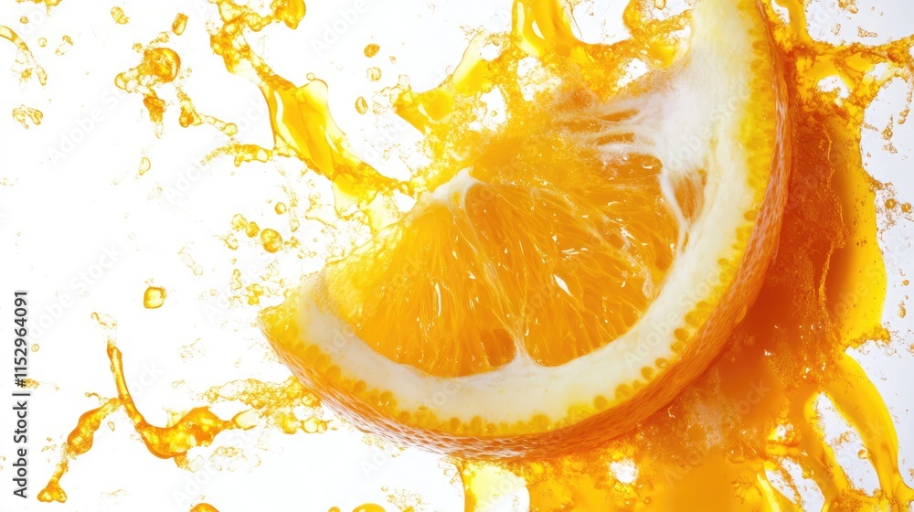 Poster vibrant splash of orange juice with fresh orange slice on white background capturing dynamic motion 