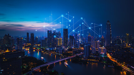 Abstract businesswoman stands on the peak of success Smart digital city with connection cyber security network reciprocity over the cityscape future wireless digital city and social media networking