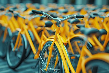 Different and stand from the crowd concept. Parked bicycles while bicycle in yellow stand out from the others. 3D rendering 