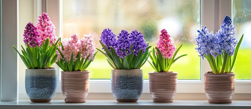 Vibrant pink and purple hyacinth flowers in ceramic pots on kitchen windowsill showcasing a serene indoor spring gardening concept - Powered by Adobe