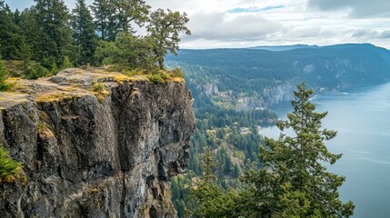Stunning Cliffside View Overlooking Serene Lake Surrounded by Verdant Forests and Majestic Mountains in Nature Hike Adventure