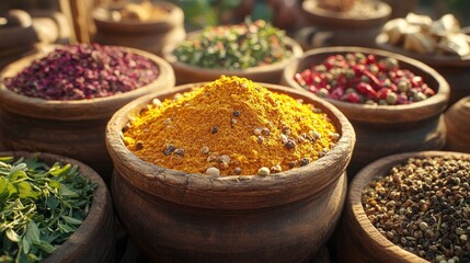Fototapeta premium Assorted herbs and spices in wooden bowls arranged on a rustic table showcasing vibrant colors and textures for culinary inspiration