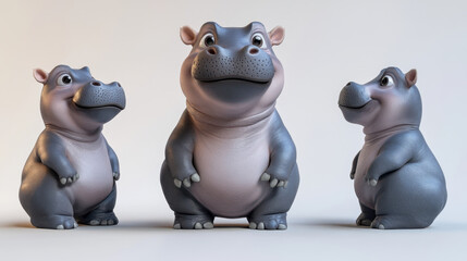 Fototapeta premium Cute baby hippopotamus dolls in trendy design, showcasing their playful expressions and rounded shapes. Perfect for children decor or as unique gift