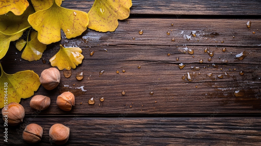 Poster ginkgo nuts scattered on wooden surface with autumn leaves creating a natural and rustic background 