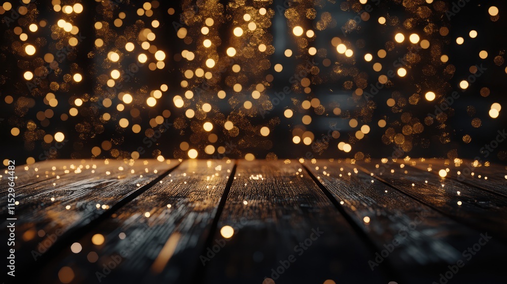 Aufkleber wooden table foreground with vibrant abstract bokeh lights background creating a warm and inviting a
