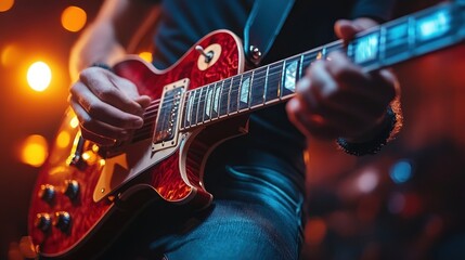 Obraz premium Close-up of a guitarist performing on stage with vibrant lighting.
