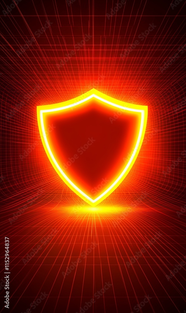 Poster glowing red shield in a digital grid, representing security and protection.