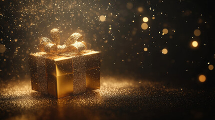 shimmering golden gift box surrounded by sparkling dust and light creates magical atmosphere, perfect for celebrations and special occasions