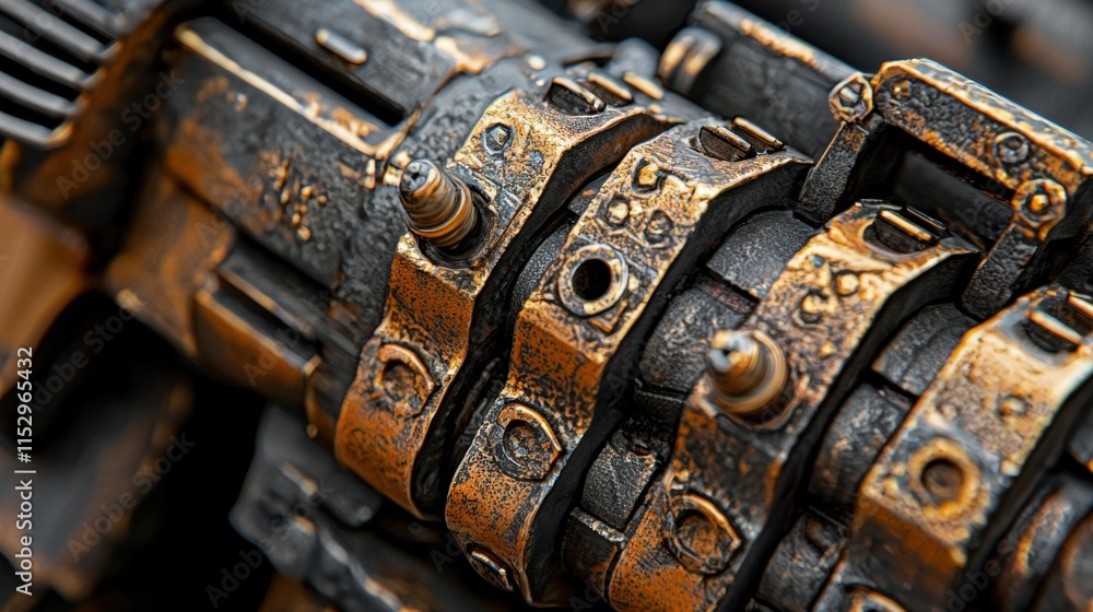 Poster intricate machinery parts with rusted metallic textures and patterns