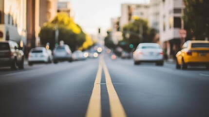 Blurred city street scene with cars and yellow lines.