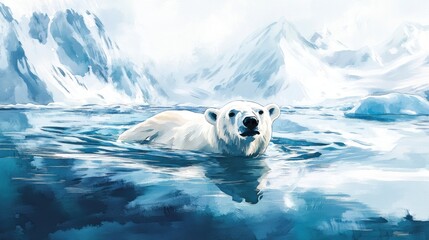 Naklejka premium A polar bear swims in icy waters, surrounded by snowy mountains and a serene landscape.