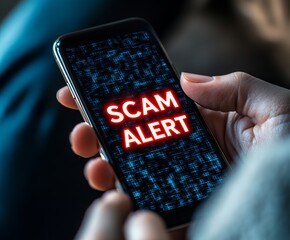 A close-up of a person's hand holding a smartphone displaying a 'SCAM ALERT' message in bold red letters against a dark, digital background.