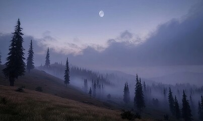 Misty mountain landscape at twilight with moon, evergreen trees, and rolling hills.