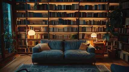 Cozy Library Living Room with Bookshelves, Sofa, and Lamps