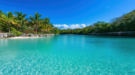 Fototapeta premium Bright Tropical Lagoon Surrounded by Lush Palm Trees Under Clear Blue Sky