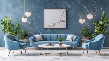 Elegant blue living room with velvet sofa, marble floor, and gold accents.