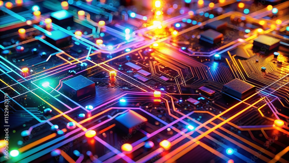 Poster abstract technology background: futuristic circuit board design with glowing lines and nodes