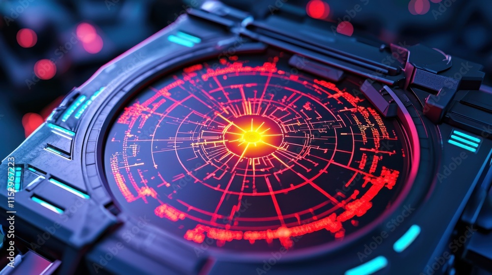 Poster futuristic high tech radar scanner display with abstract digital interface