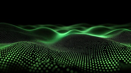 Obraz premium A dark green surface illuminated by soft digital energy dots and scattered particles, glowing faintly as they spread dynamically. High realism, smooth and futuristic.