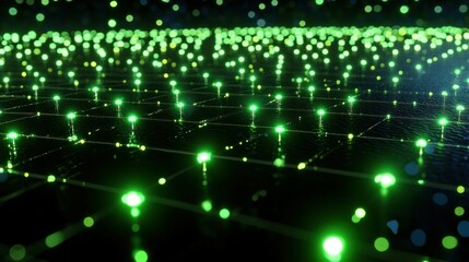 Obraz premium A modern green energy background showcasing glowing particle clusters scattered unevenly over a smooth reflective surface, giving it a futuristic, photorealistic look in 4K clarity