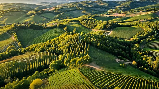 This aerial videograph showcases a vineyard in the hills, highlighting the rows of grapevines and the surrounding landscape, Bird's-eye view of sprawling vineyards in Tuscany, Italy