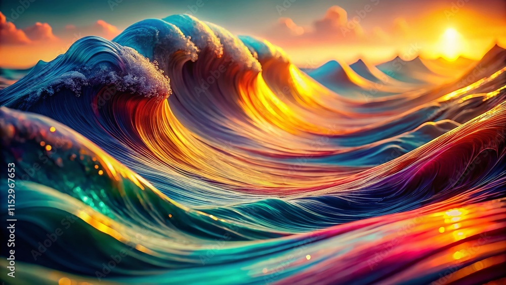 Poster abstract vibrant digital wave patterns, flowing dynamic colorful macro photography
