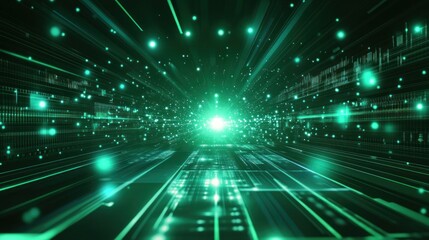 Obraz premium A realistic dark green background showcasing soft glowing energy particles floating gently, embedded with subtle light beams, creating a futuristic, digital-inspired design.