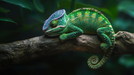 Fototapeta premium Vivid Green Chameleon with Scales Resting on a Branch in Natural Habitat