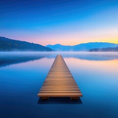 Misty blue lake with quiet pier at dawn nature landscape tranquil environment serene viewpoint peaceful concept