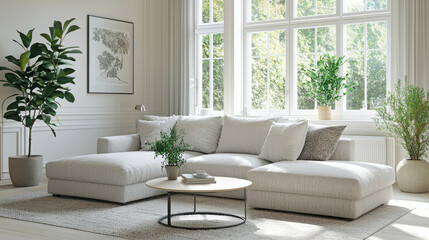 Fototapeta premium Clean and Simple Living Room with Light Gray Couch and Green Plants