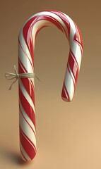 Fototapeta premium Red and white candy cane with twine tied around it, isolated on a neutral background.