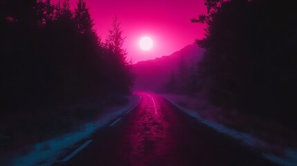 Fototapeta premium Pink Sunset Drive Through Misty Forest Road