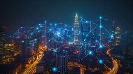 Fototapeta premium Abstract businesswoman stands on the peak of success Smart digital city with connection cyber security network reciprocity over the cityscape future wireless digital city and social media networking