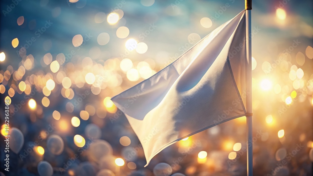 Poster abstract white wavy triangle flag with bokeh background - stock photo