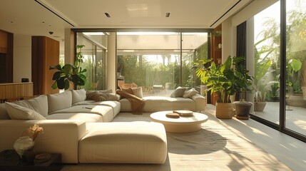 Fototapeta premium Sunlit Modern Living Room with Sectional Sofa and Lush Greenery